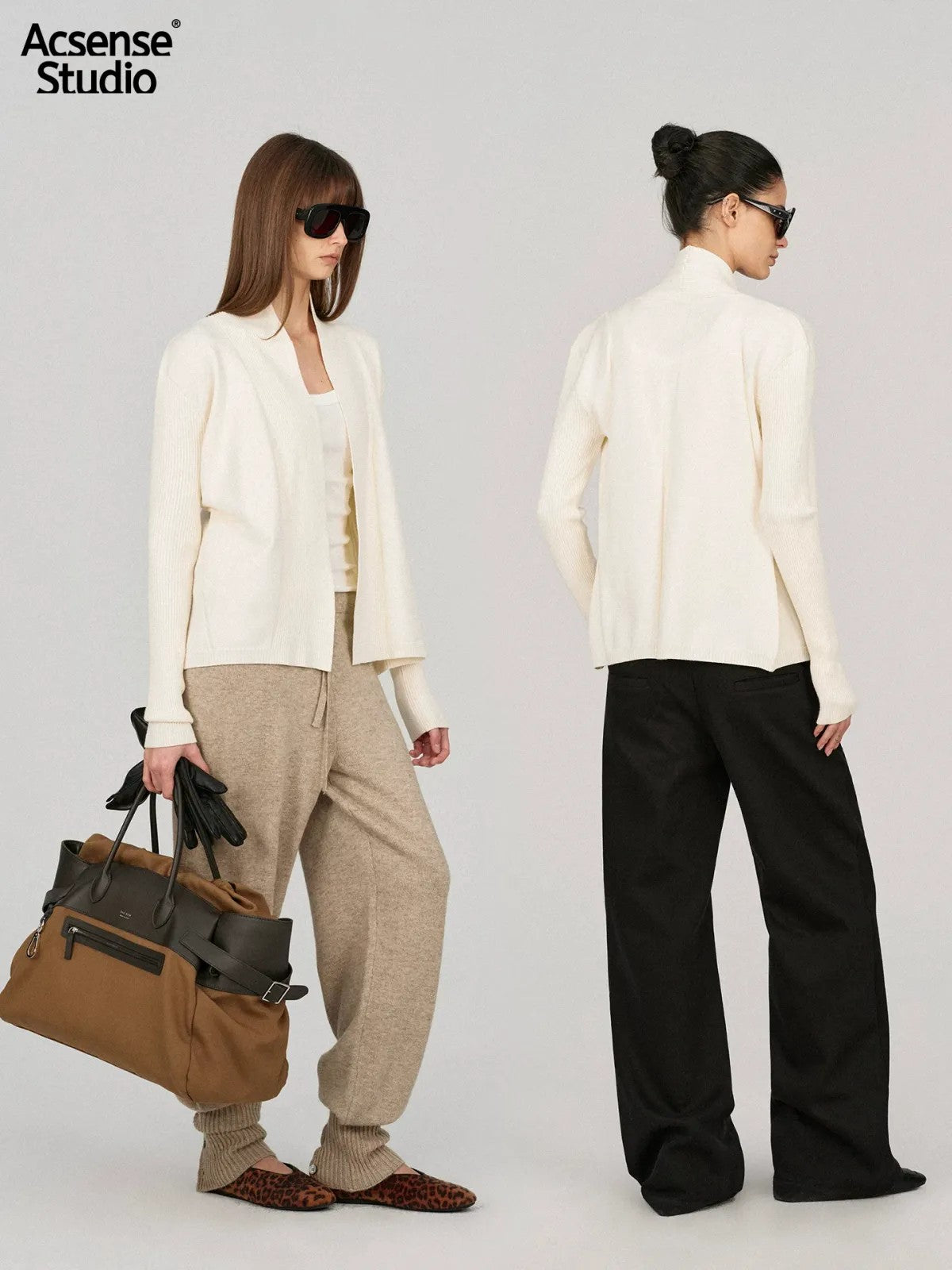 ACSENSE STUDIO Ribbed Open Front Cardigan in White - On Model