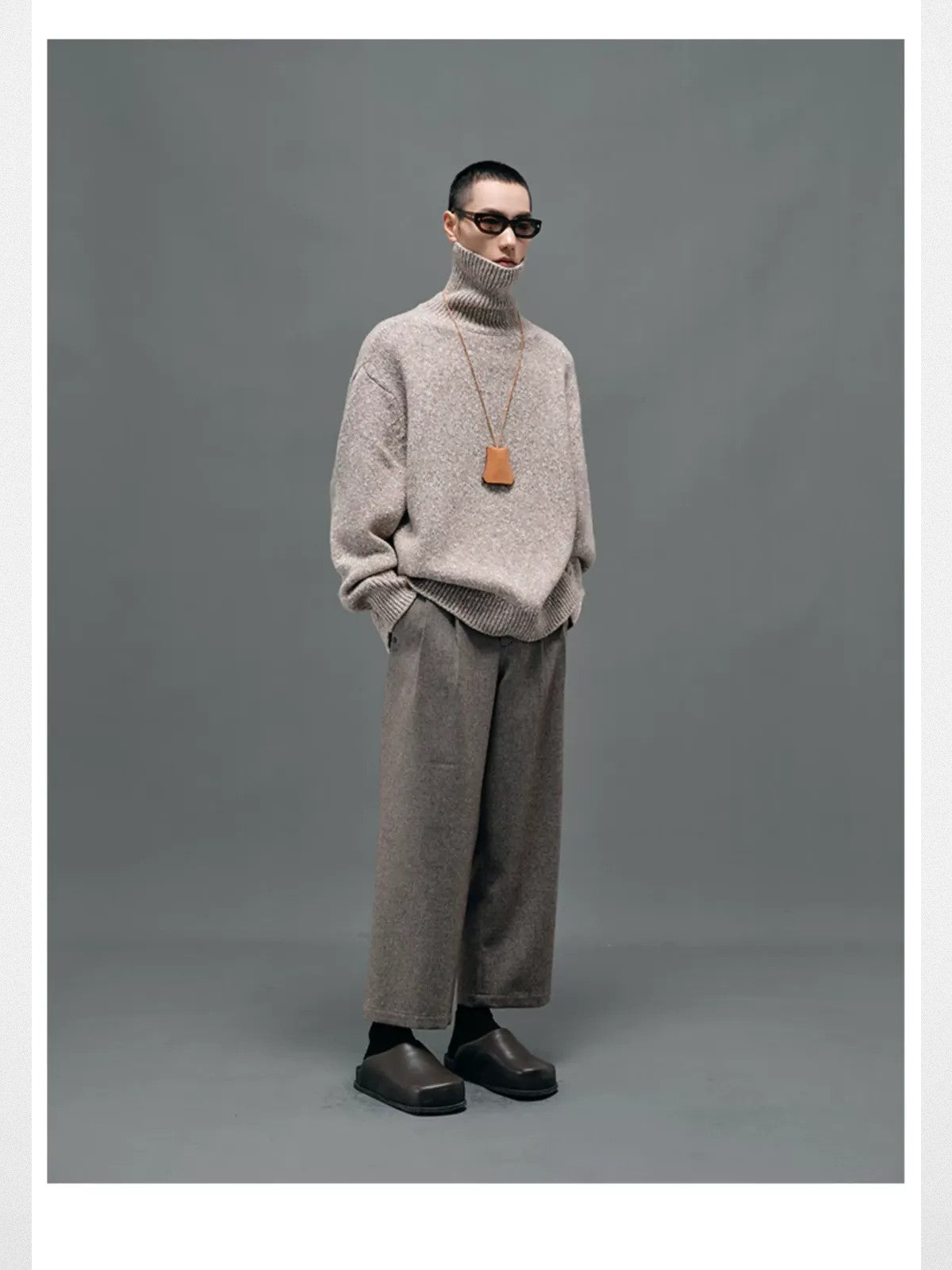 NANS Double Pleated Wool Blend Trousers in Beige - On Model