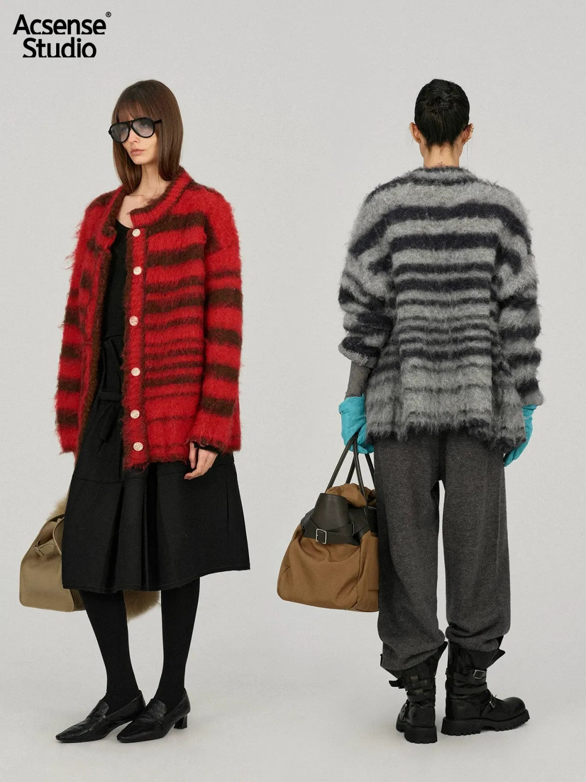 ACSENSE STUDIO Striped Brushed Mohair Blend Cardigan in Red - On Model