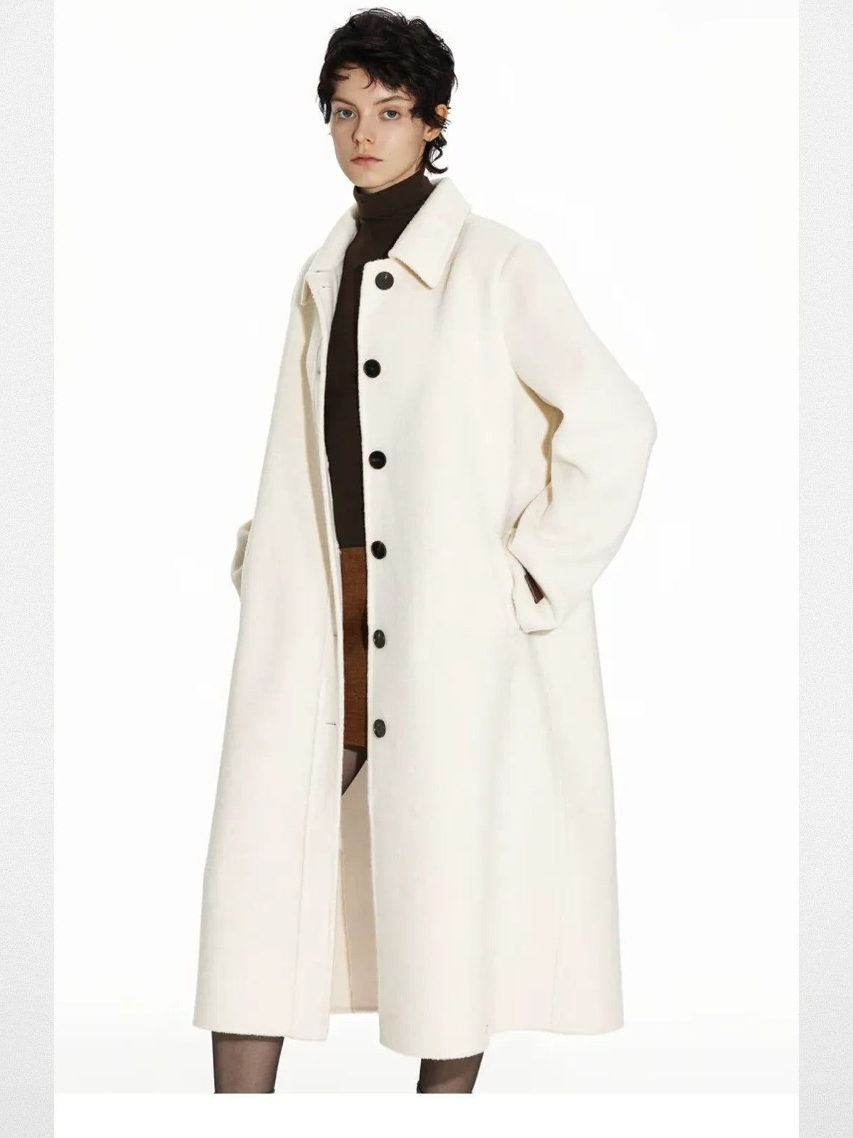 PUKI Double Faced Wool Scarf Coat in White - On Model