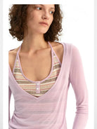 PUKI Mock Layered Striped Top in Lavender - On Model