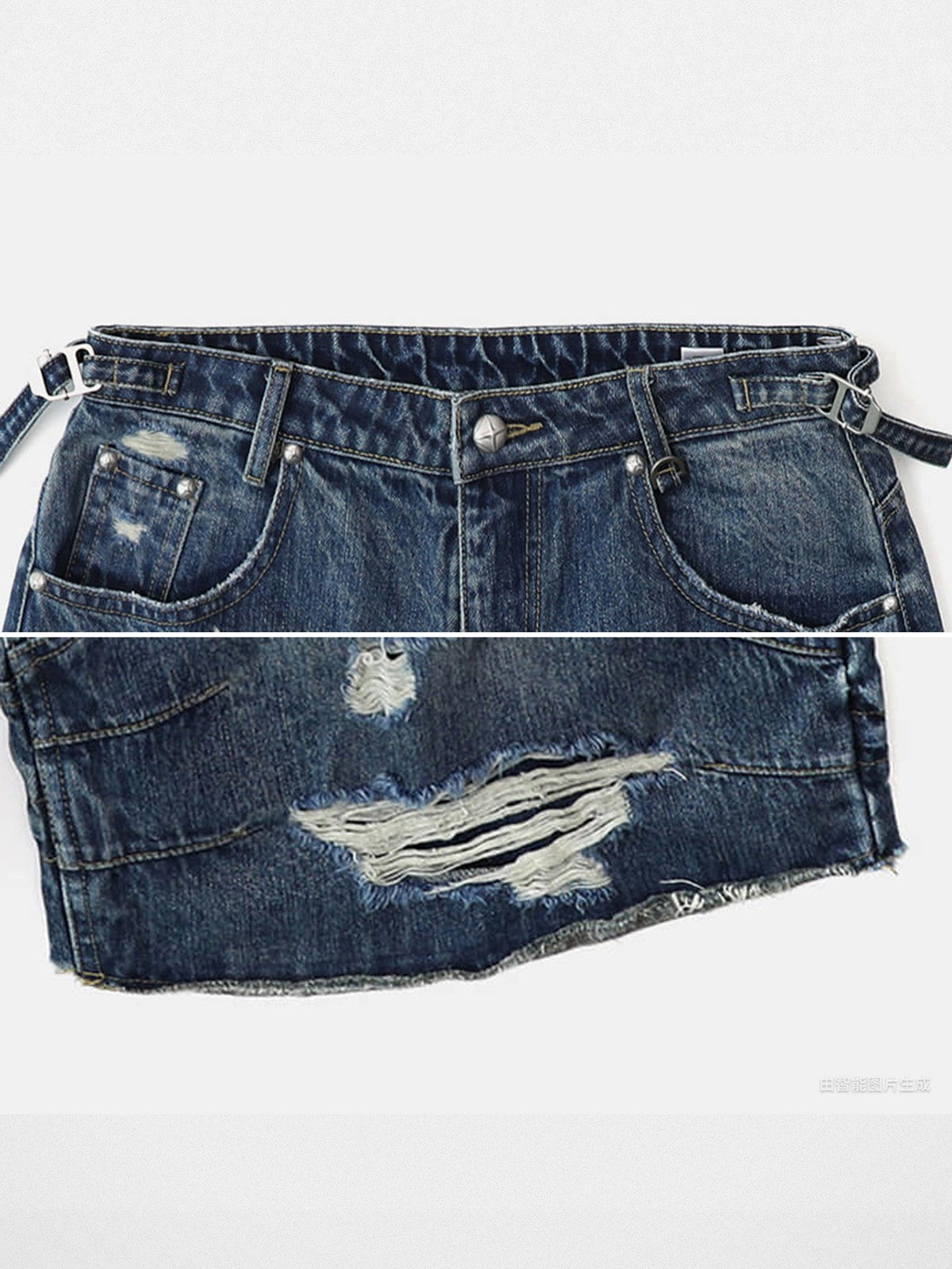 BADSEED Distressed Denim Bermuda Shorts in Medium Blue - Detail