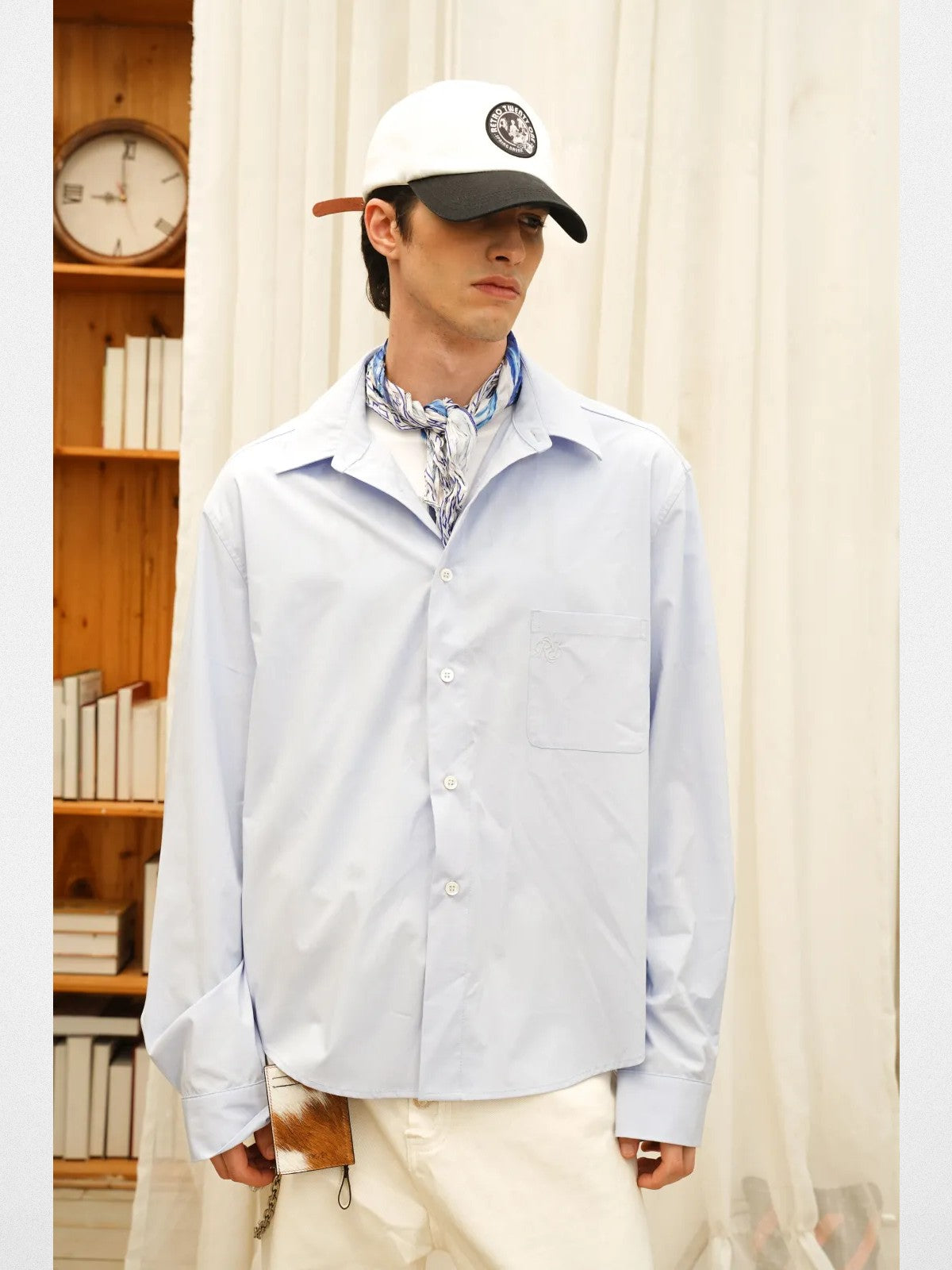 Retro 21 Bamboo Rayon Drop Shoulder Shirt in Sky Blue - On Model