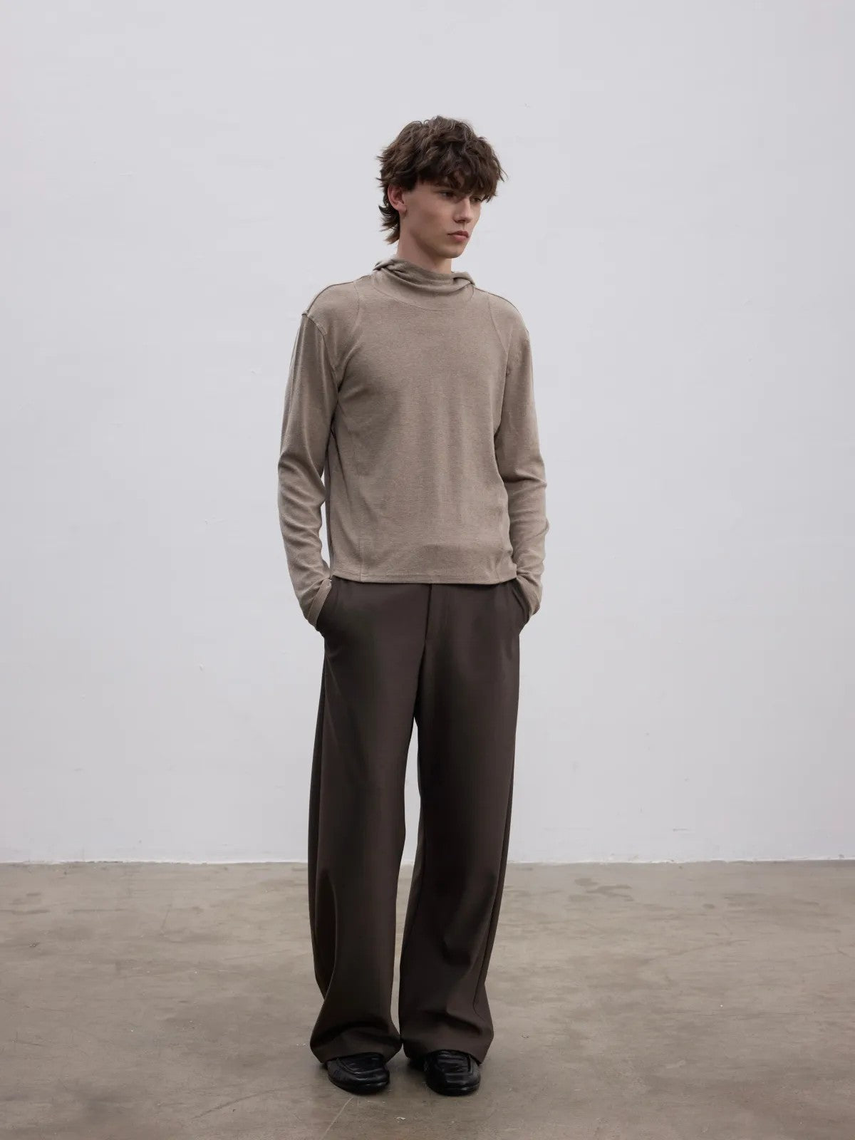 AFterTaste Curved Leg Blend Trousers in Brown - On Model