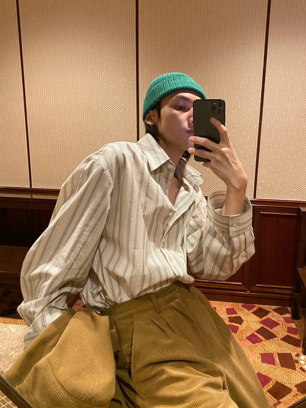 MASONPRINCE Retro Striped Cotton Shirt in Cream - On Model