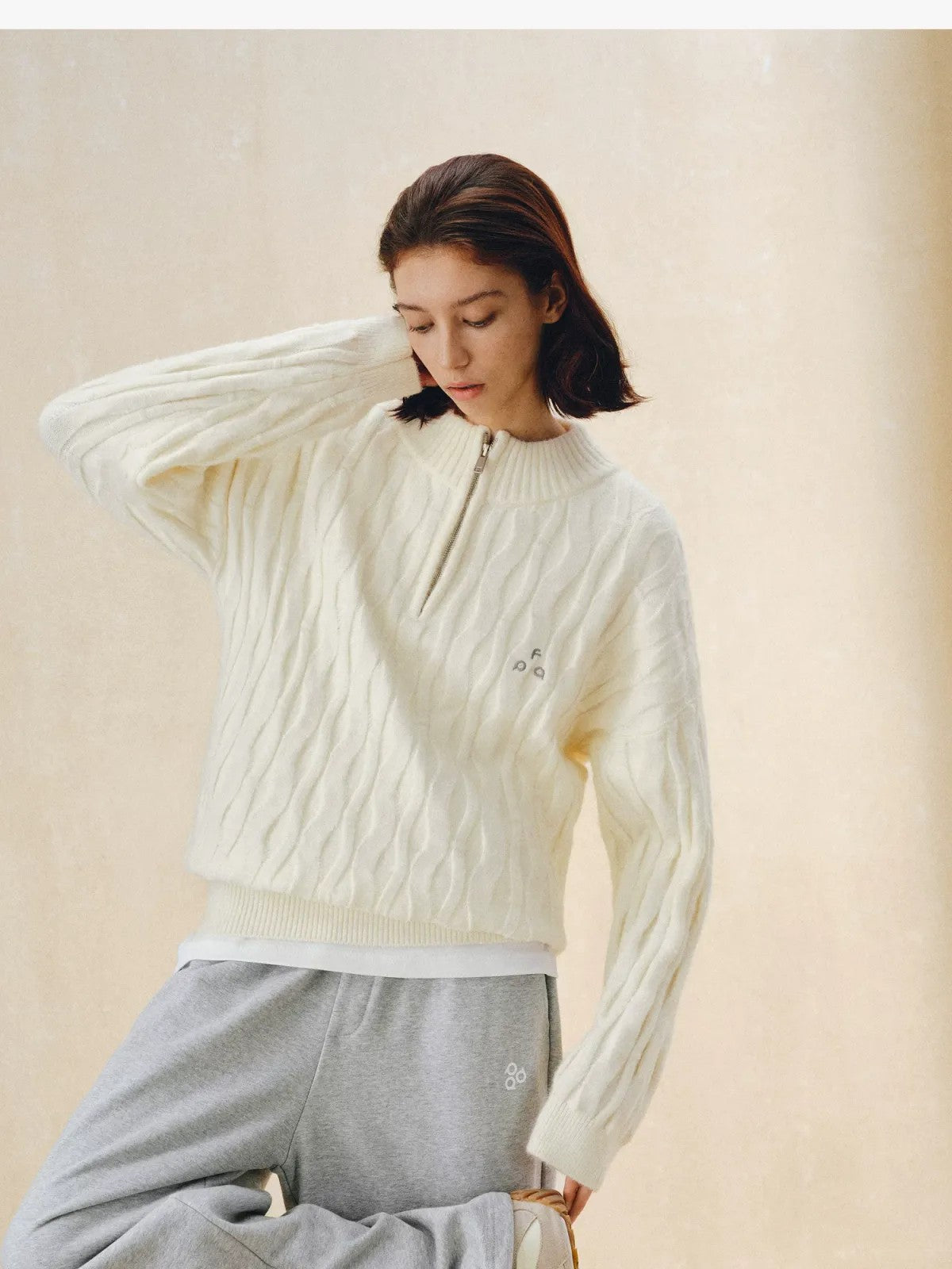 FPA Half Zip Cable Knit Pullover in Cream - On Model