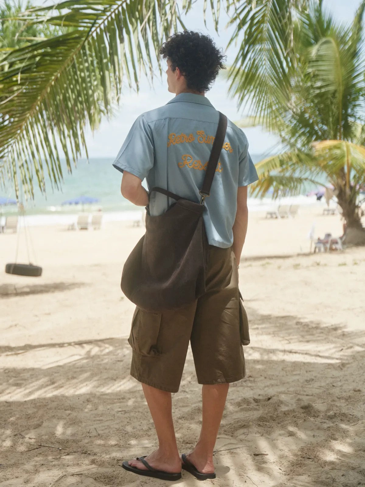 Retro 21 Chenille Embroidered Camp Collar Shirt in Blue - On Model