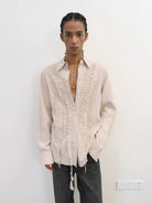 NeverSeez Lyocell Linen Fringe Shirt in Gray - On Model