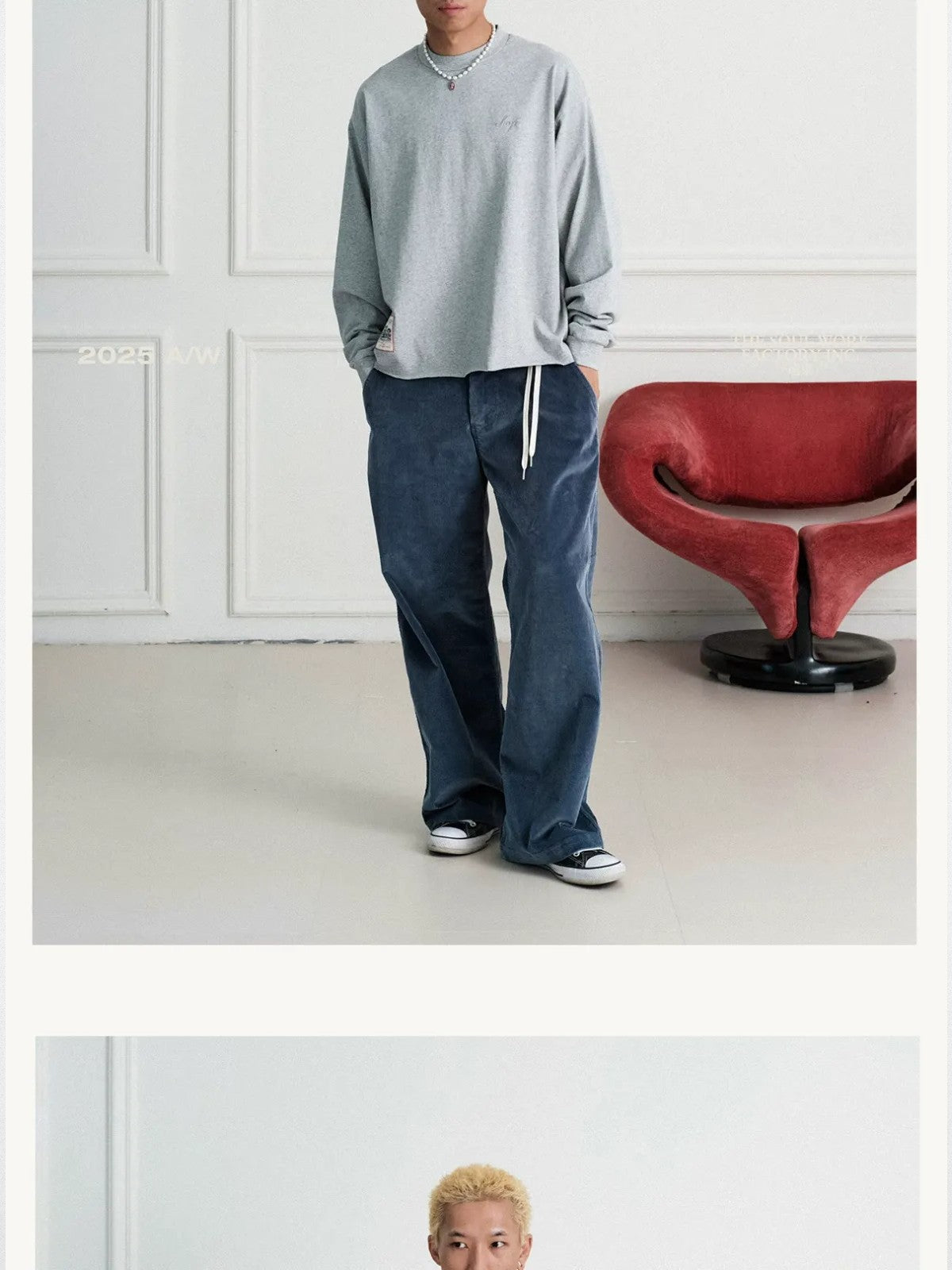 SWFI Far East Distressed Blue Corduroy Work Pants in Blue - On Model