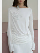 THELIGHT OFFICIAL Rhinestone Ruched Boat Neck Top in White - On Model