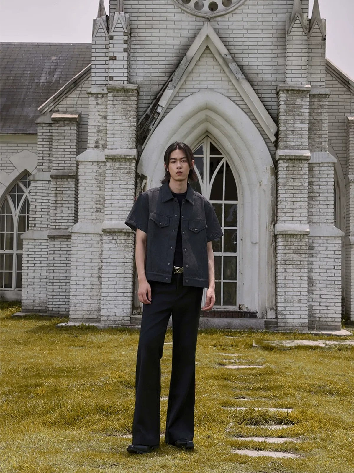 Y OFFICIAL Snap Front Short Sleeve Shirt Jacket in Black - On Model