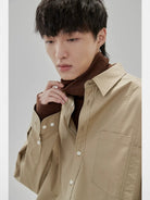 NANS Textured Slouchy Neck T Shirt in Brown - On Model