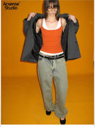 ACSENSE STUDIO Dirty Wash Curved Wide Leg Jeans in Blue - On Model