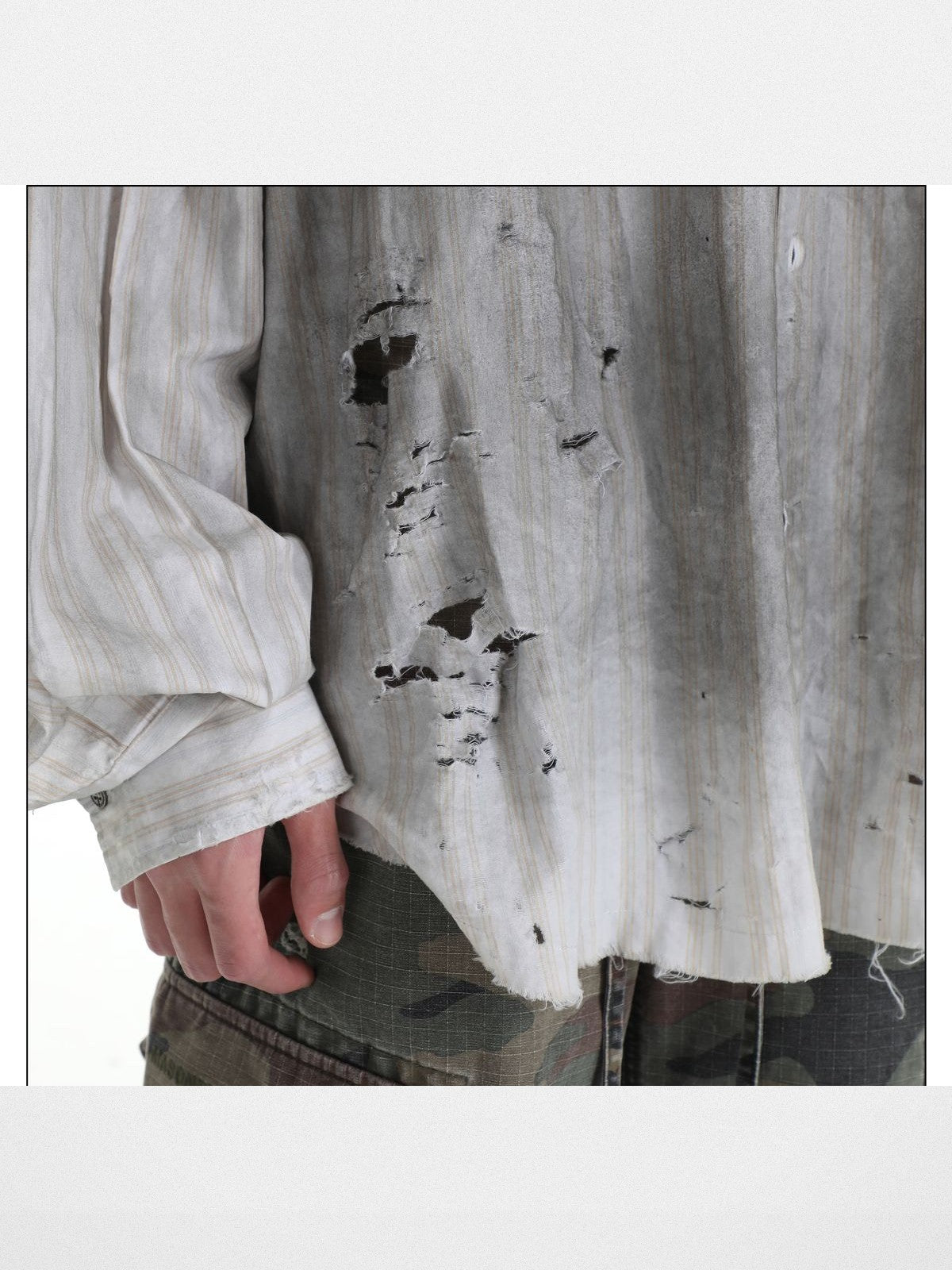 MASONPRINCE Distressed Dirty Wash Striped Shirt in White - On Model