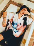 SWFI Far East Portrait Print Camp Collar Shirt in White - On Model