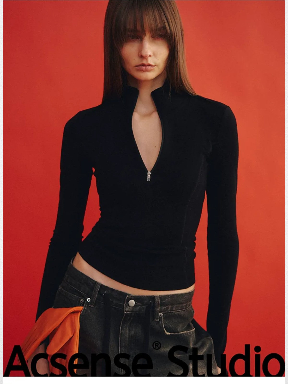 ACSENSE STUDIO High Neck Half Zip Top in Black - On Model