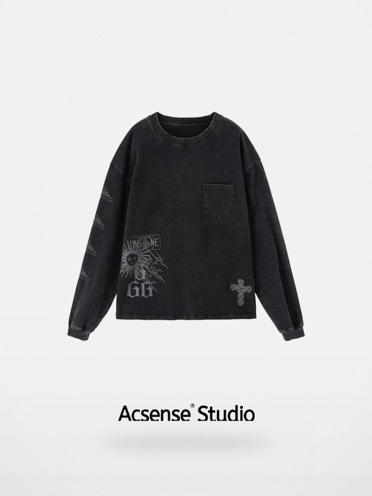 ACSENSE STUDIO Acid Wash Graphic Long Sleeve T Shirt in Gray