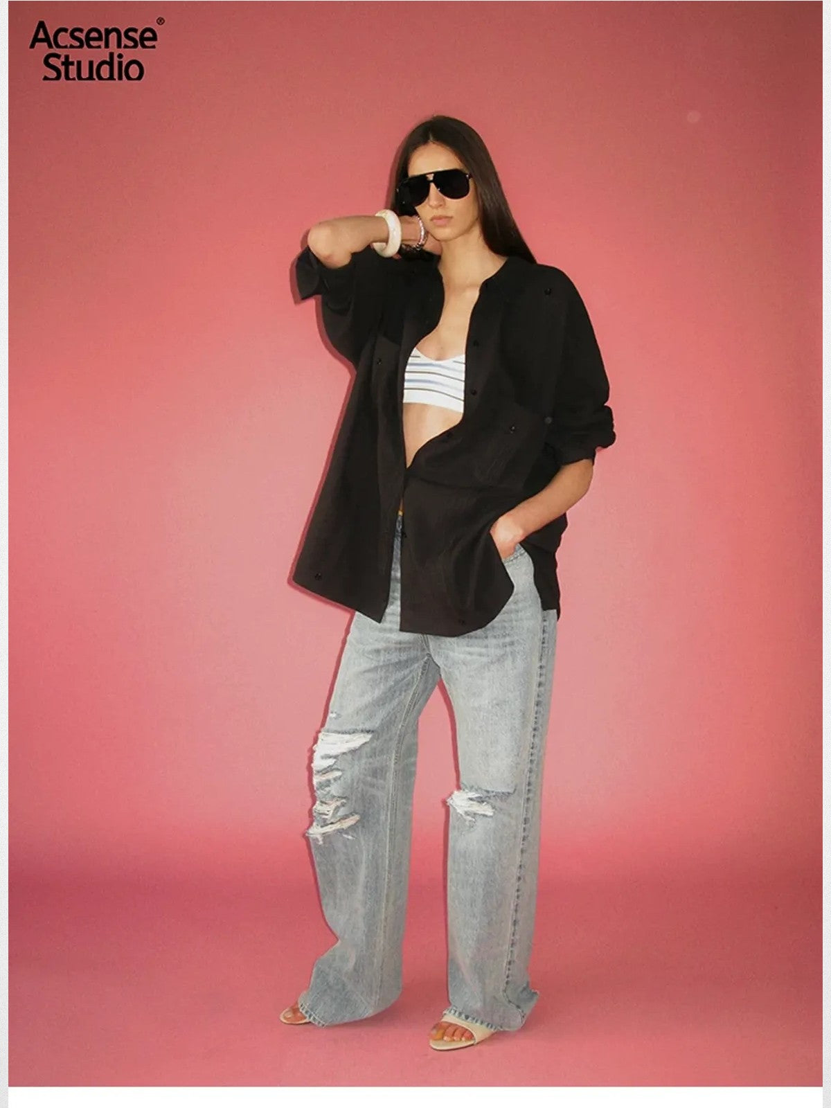 ACSENSE STUDIO Heavy Wash Distressed Straight Jeans in Denim - On Model