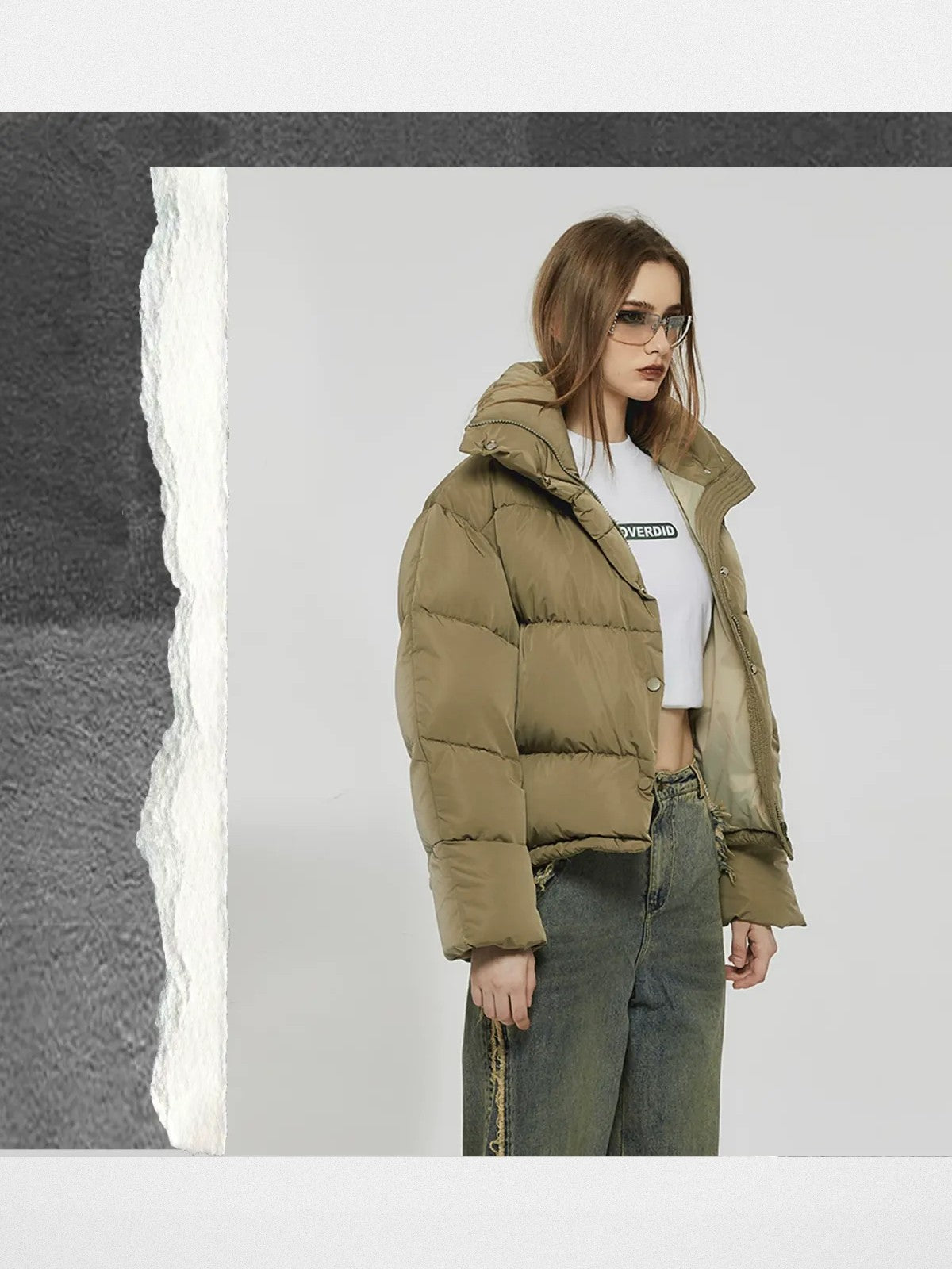 Amee Duck Down Stand Collar Puffer in Green - On Model