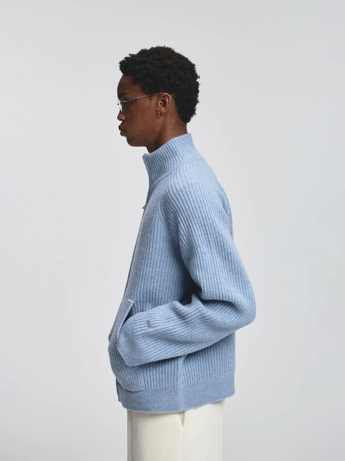 NANS Ribbed Merino Wool Zip Cardigan in Sky Blue - On Model