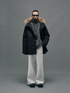 NANS Goose Down Parka with Fur Collar in Black - On Model