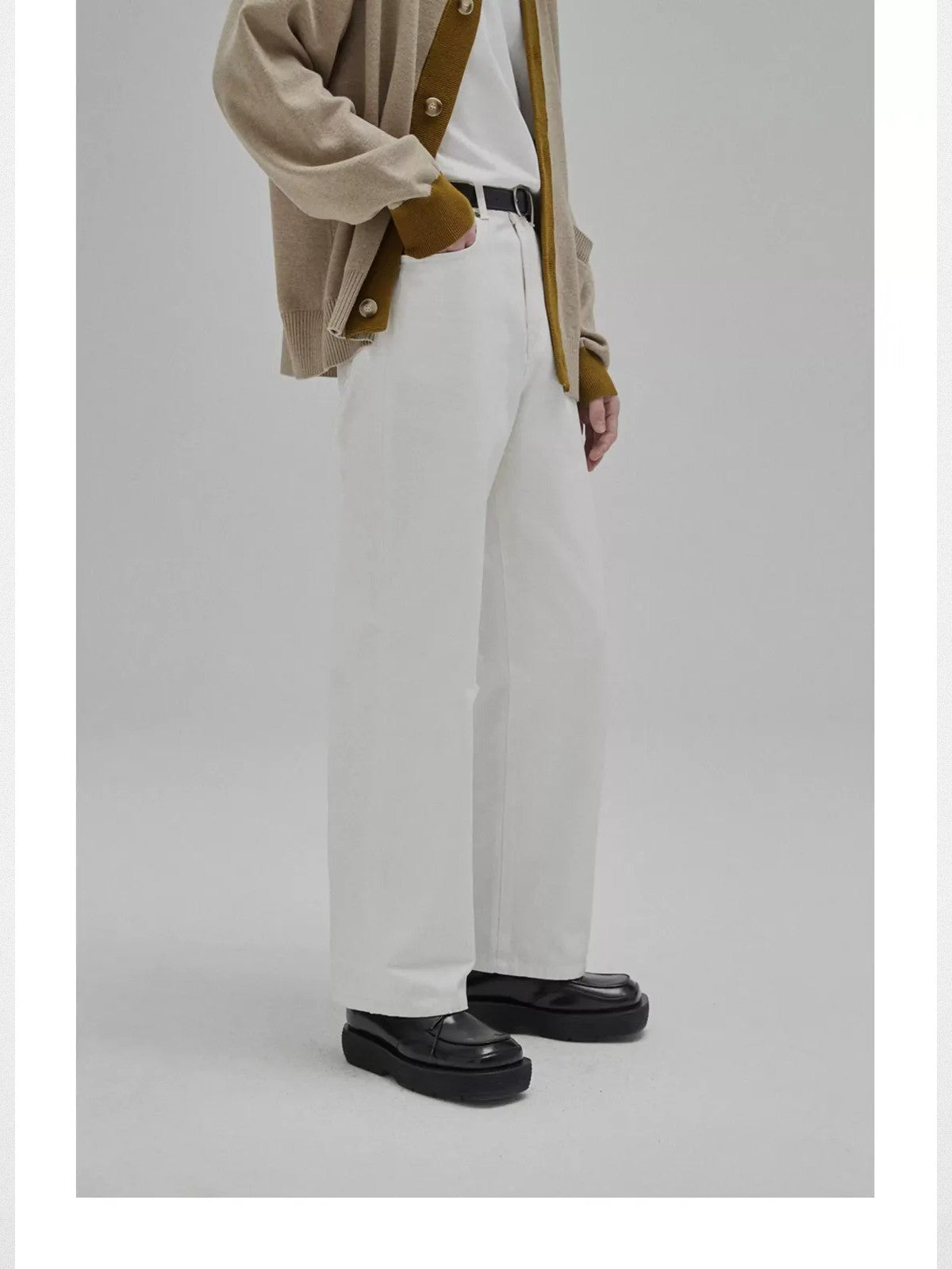 NANS 12oz Plaid Patchwork Straight Jeans in White - On Model