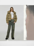 Amee Duck Down Stand Collar Puffer in Green - On Model