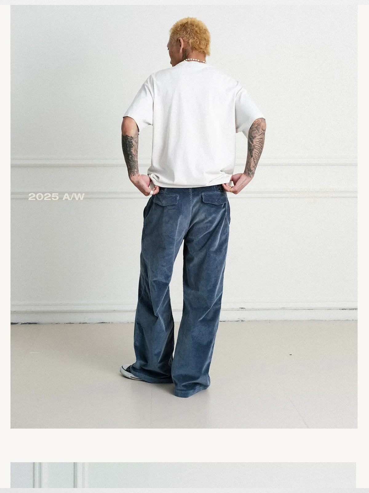 SWFI Far East Distressed Blue Corduroy Work Pants in Blue - On Model