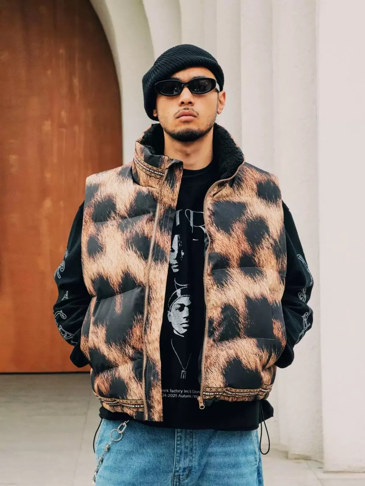 SWFI Far East Leopard Print Padded Vest in Brown - On Model