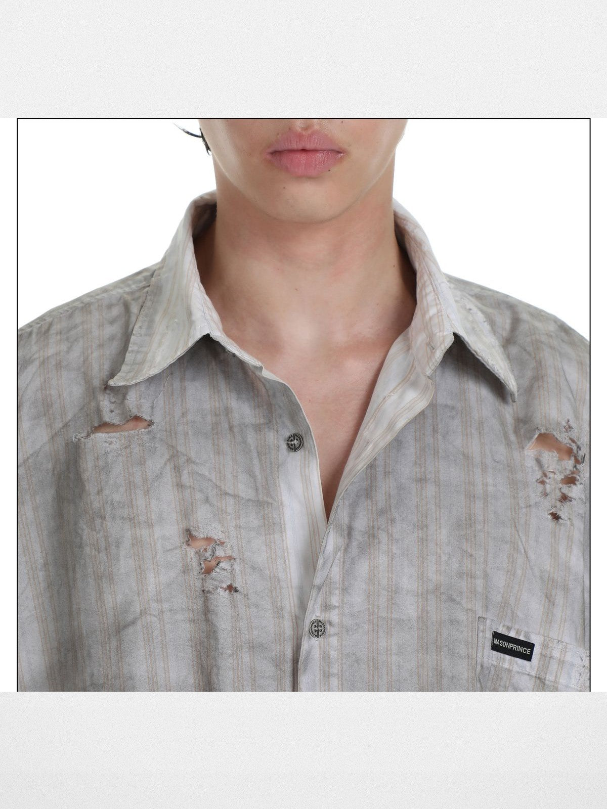 MASONPRINCE Distressed Dirty Wash Striped Shirt in White - On Model