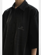 MASONPRINCE Distressed Cotton Short Sleeve Shirt in Black - On Model