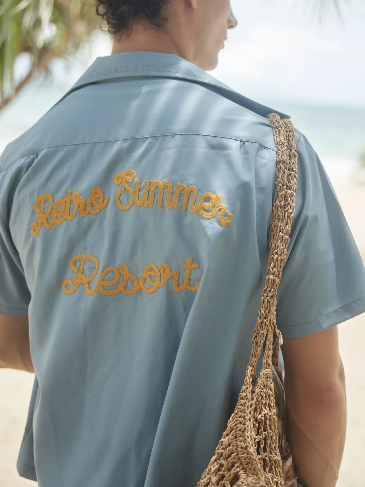 Retro 21 Chenille Embroidered Camp Collar Shirt in Blue - On Model