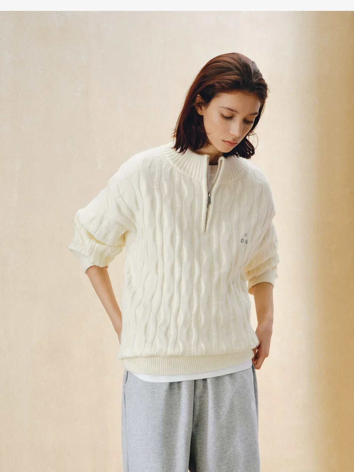 FPA Half Zip Cable Knit Pullover in Cream - Lifestyle