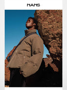 NANS Textured Twill Down Puffer in Brown - On Model