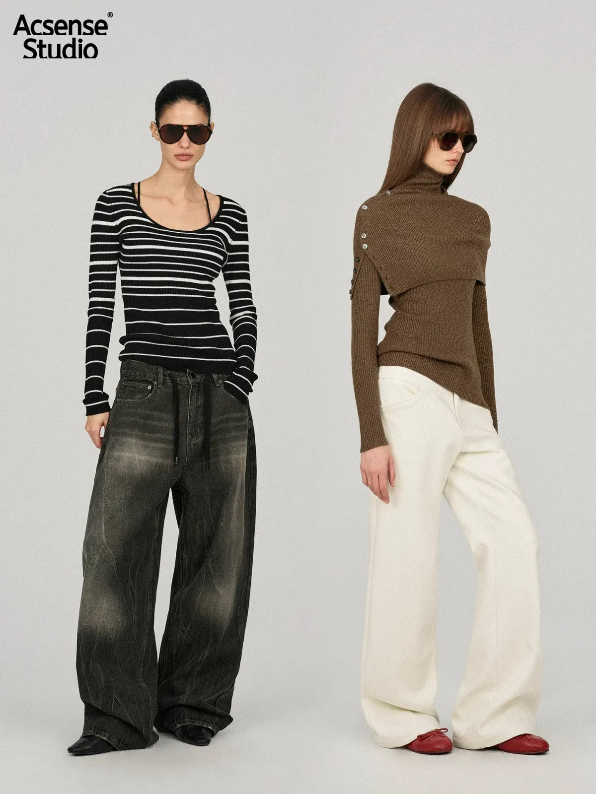 ACSENSE STUDIO Striped Wool Knit Bolero Top Set in Brown - On Model