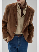 NANS Textured Slouchy Neck T Shirt in Brown - On Model