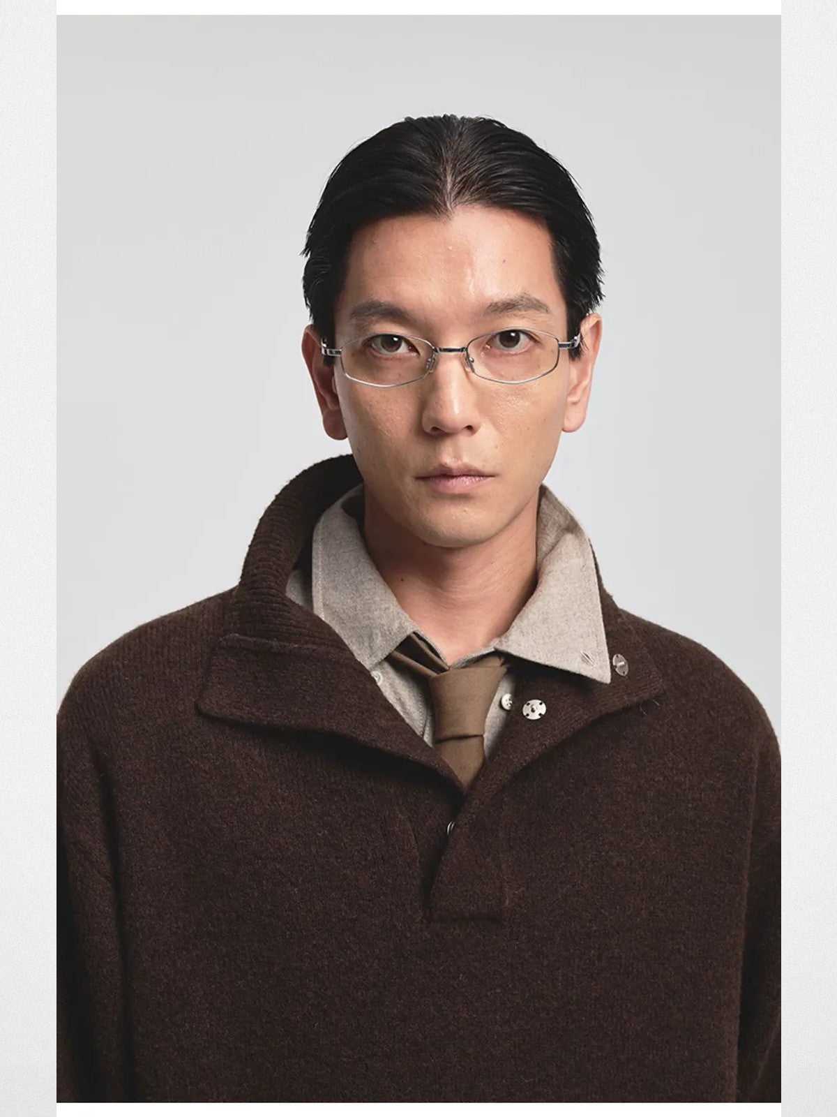 NANS Cashmere Blend High Collar Knit in Brown - On Model