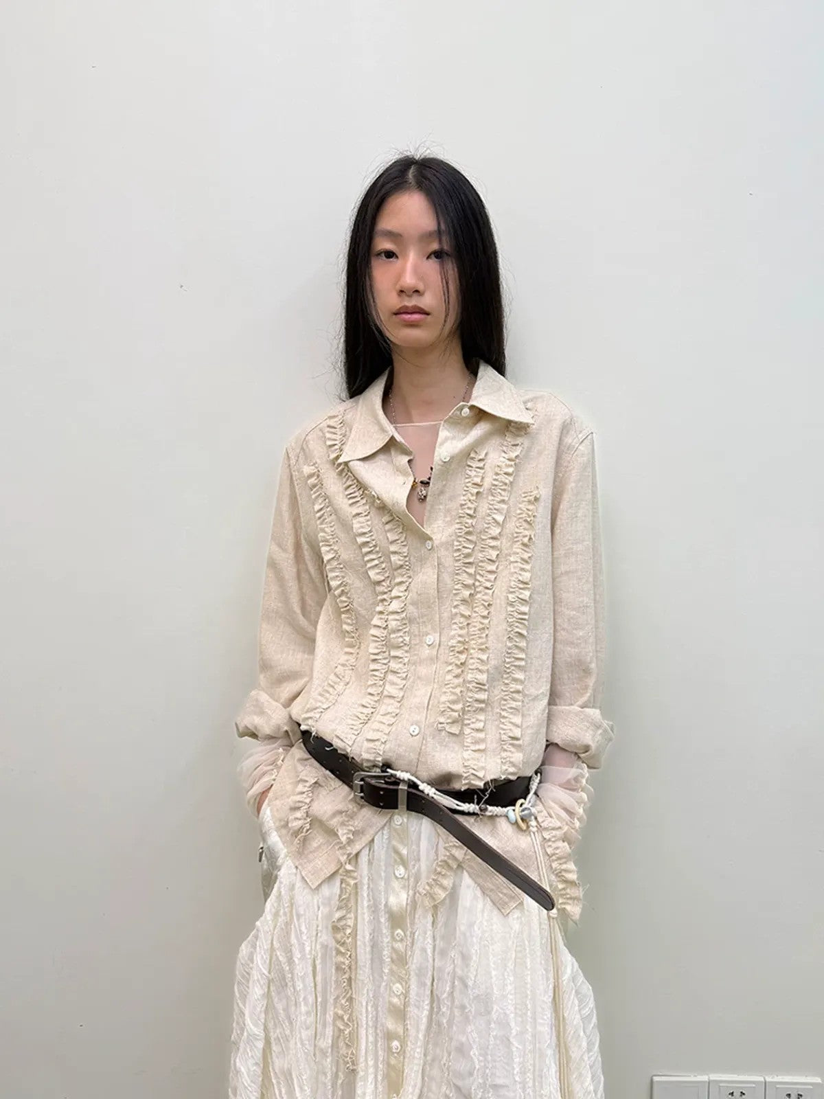 NeverSeez Lyocell Linen Fringe Shirt in Gray - On Model