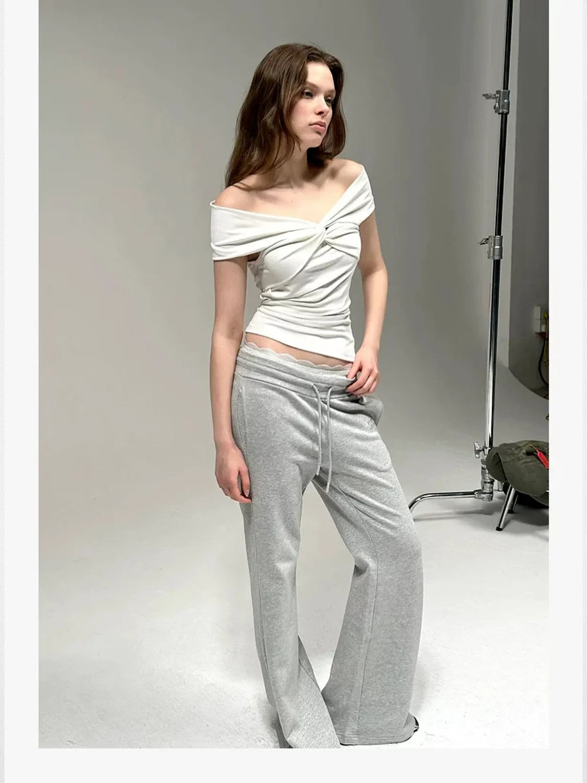 PUKI Twisted Knot Off Shoulder Top in White - On Model