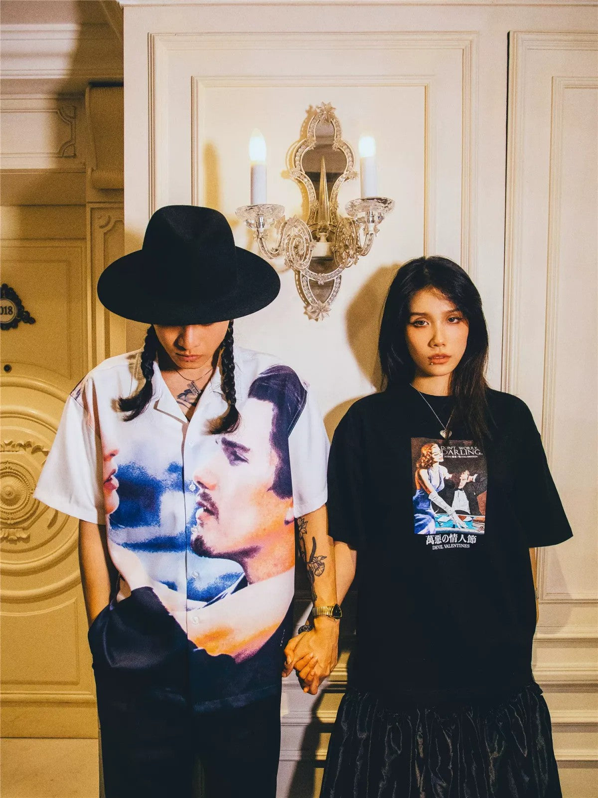 SWFI Far East Portrait Print Camp Collar Shirt in White - On Model