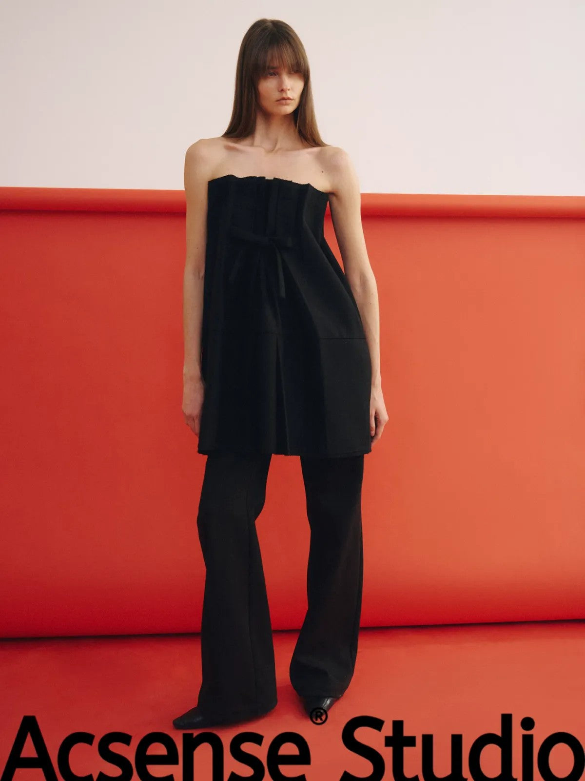 ACSENSE STUDIO Wool Blend Plaid High Waist Skirt in Black - On Model