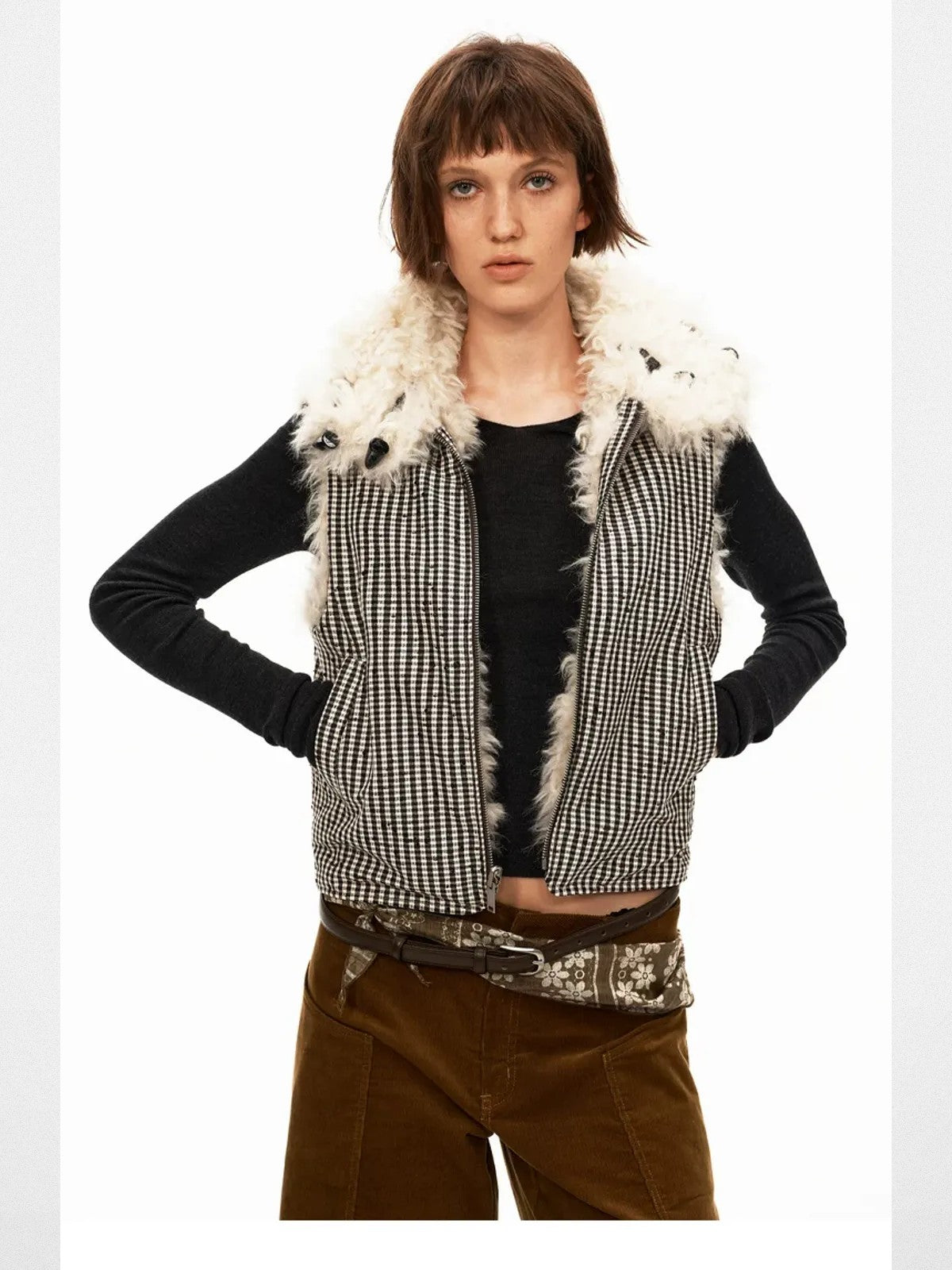PUKI Reversible Sherpa Plaid Vest in Cream - On Model