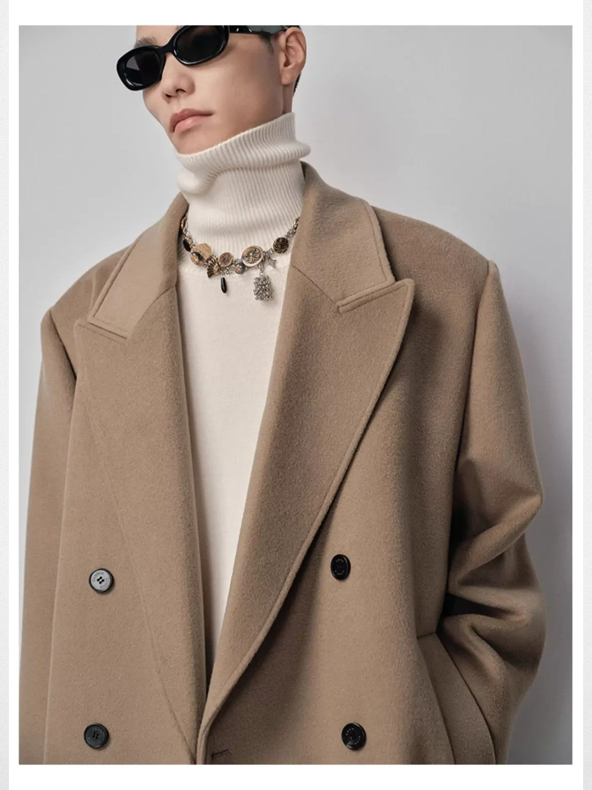 NANS Double Breasted Peak Lapel Wool Coat in Beige - On Model