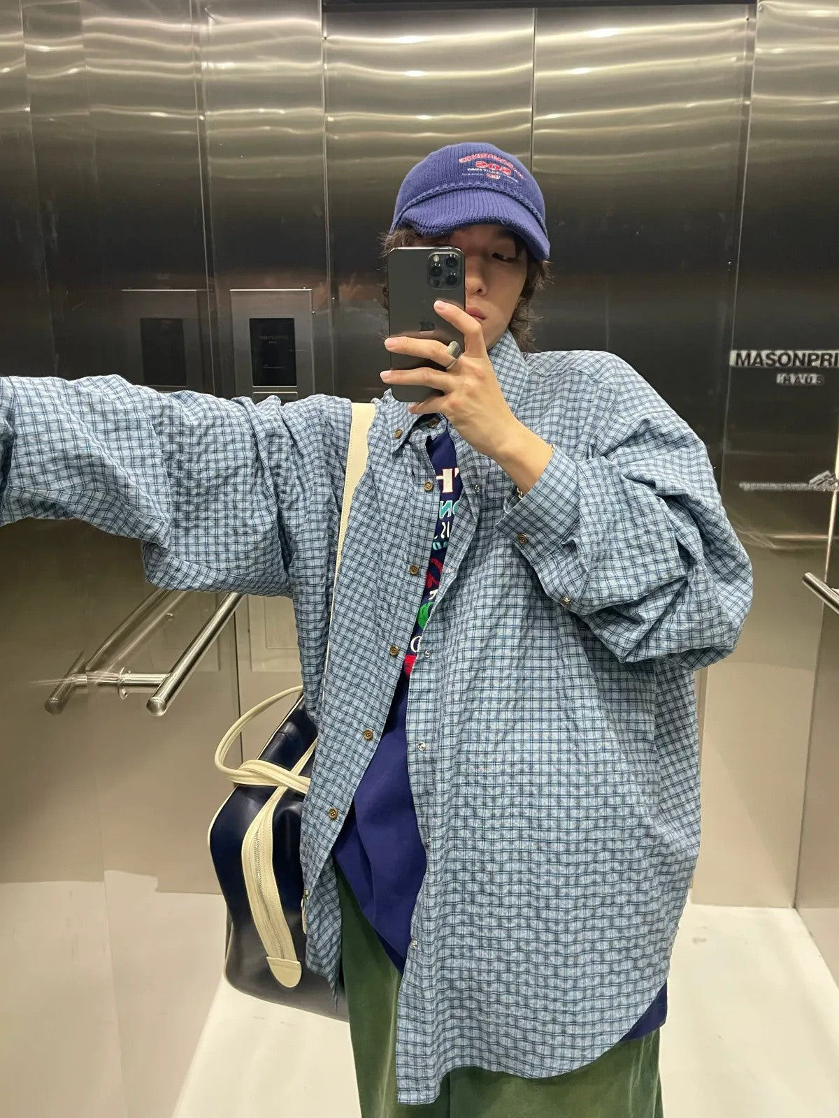 MASONPRINCE Oversized Plaid Shirt in Blue - On Model