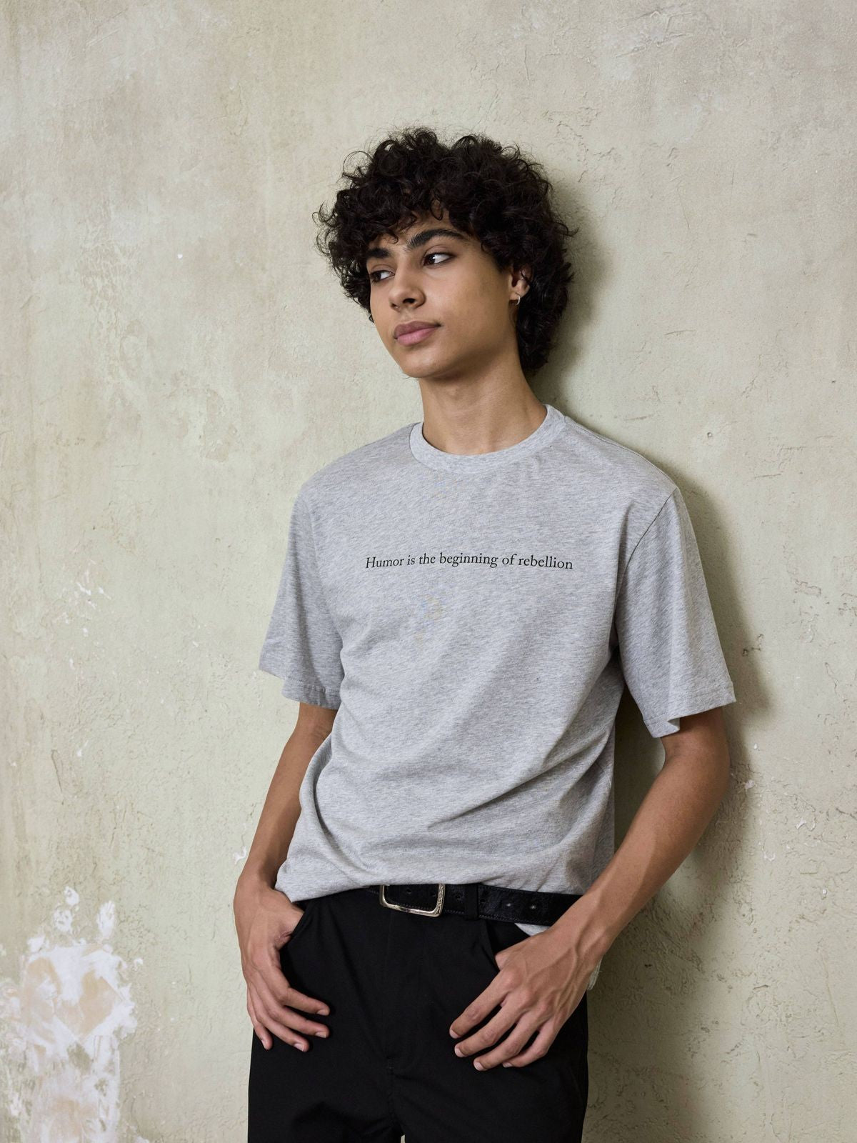 AFterTaste Distressed Slogan T Shirt in Gray - On Model