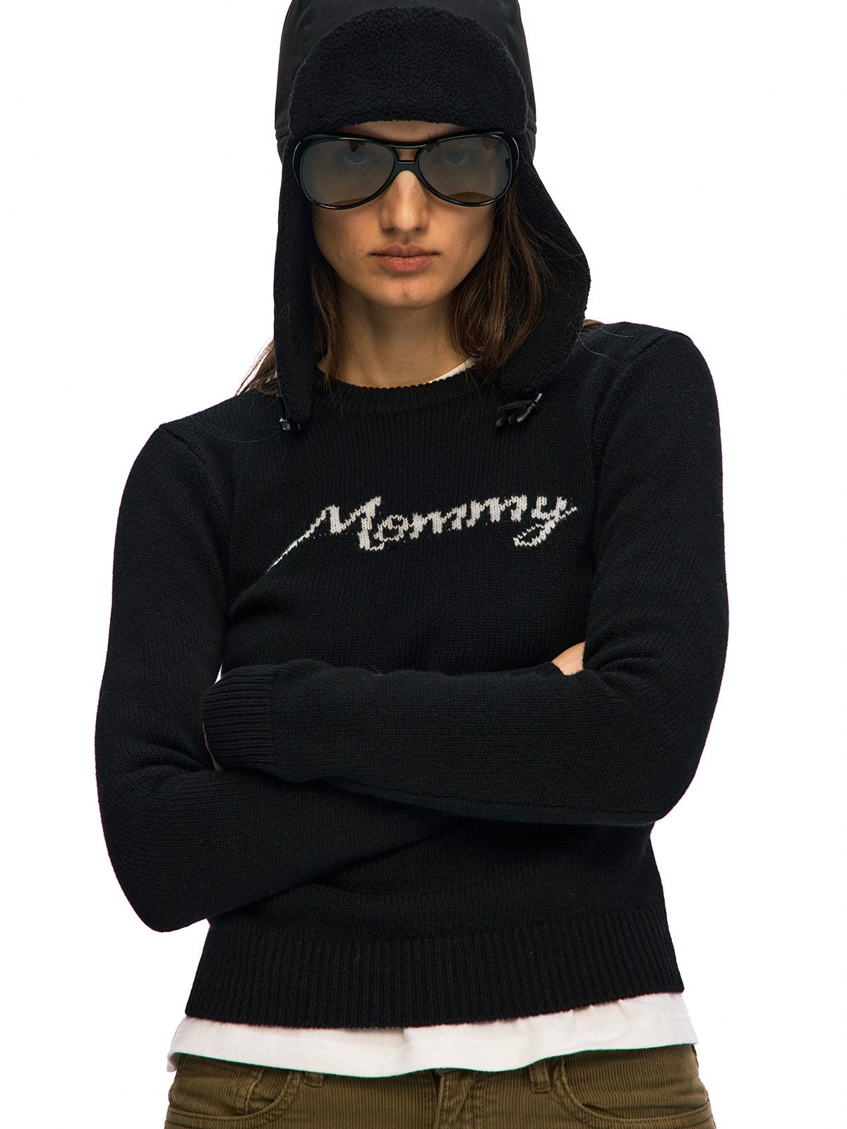 Alright Then Script Jacquard Lambswool Sweater in Black - On Model