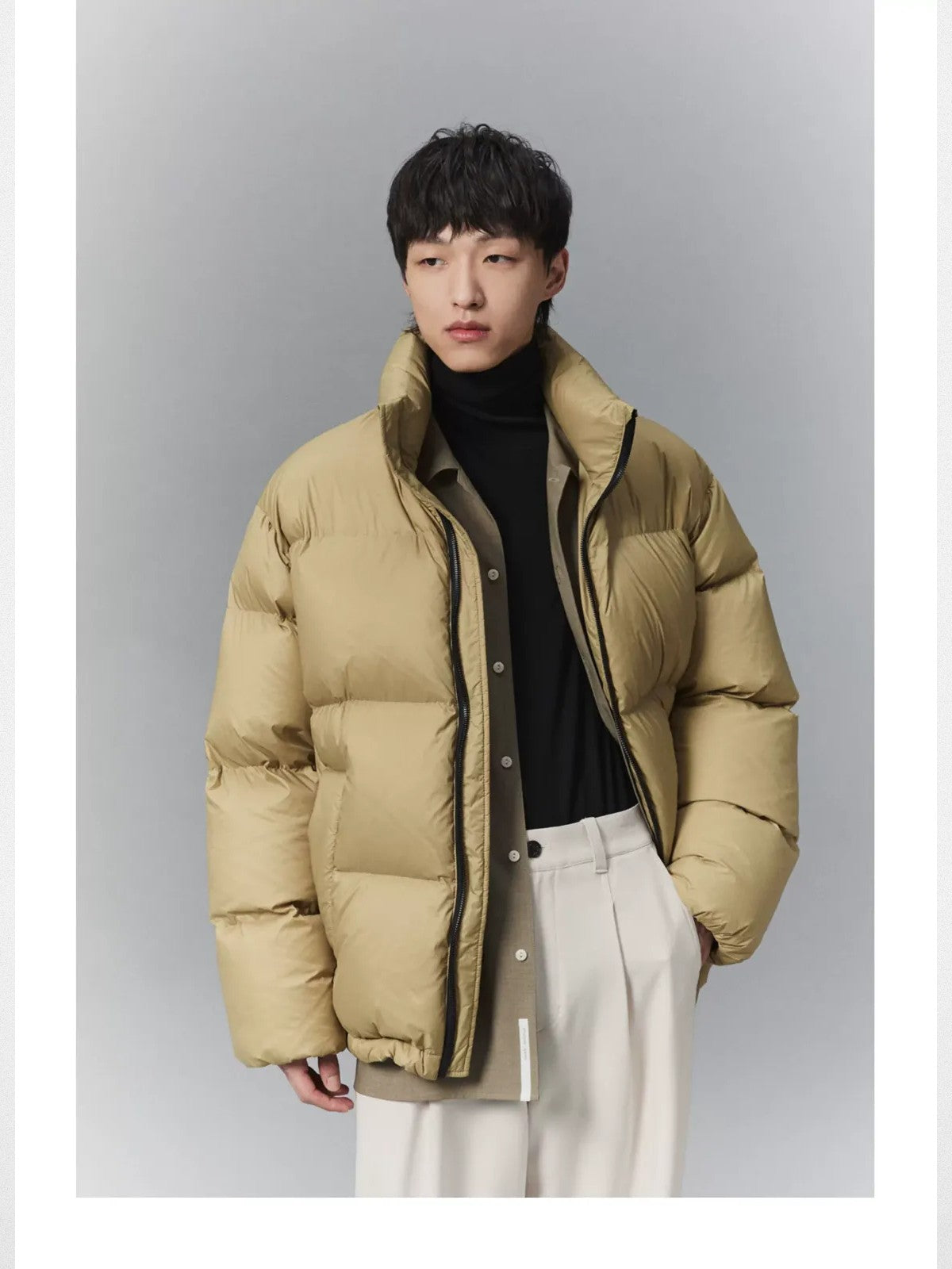 NANS Heavyweight Nylon Down Puffer in Beige - On Model