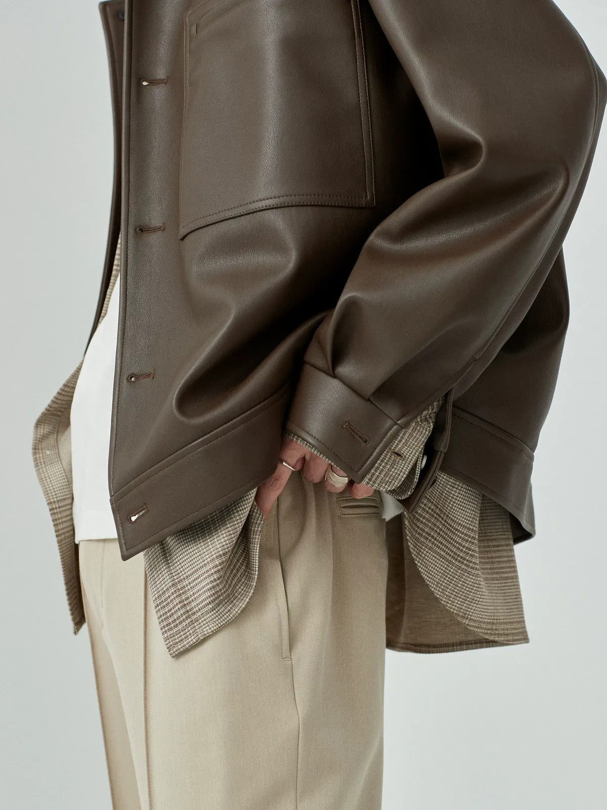 NANS Soft Faux Leather Jacket in Brown - On Model