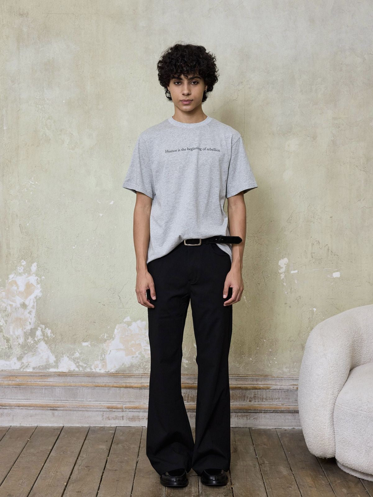 AFterTaste Distressed Slogan T Shirt in Gray - On Model