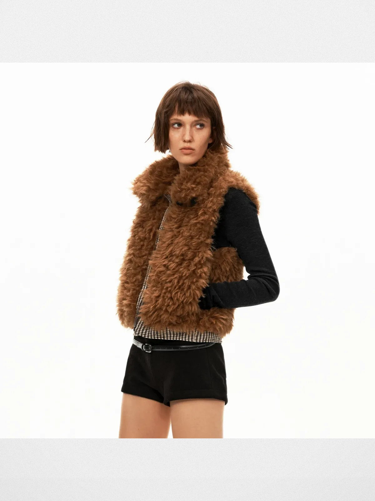 PUKI Reversible Sherpa Plaid Vest in Brown - On Model